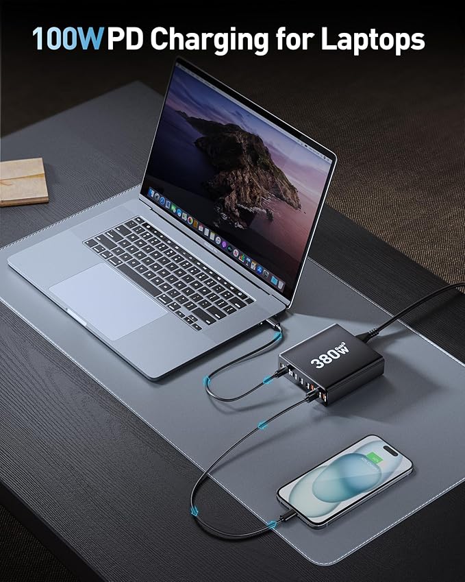 280W USB C Charger Block,with 4 USB Cables 8-Port USB C Charging Station Dual 100W Laptop Charger Fast Charger Type C Charging Block for MacBook Pro, Dell XPS, iPhone, iPad, Tablet (Bright Black)