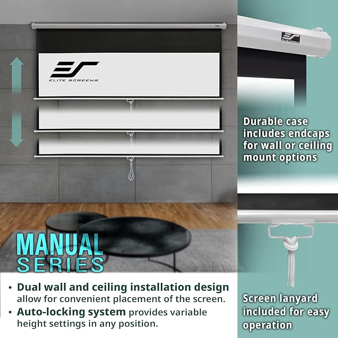Elite Screens Manual Series, 100-INCH 16:9, Pull Down Manual Projector Screen with AUTO Lock, Movie Home Theater 8K / 4K Ultra HD 3D Ready, 2-Year Warranty (100" / 16:9)