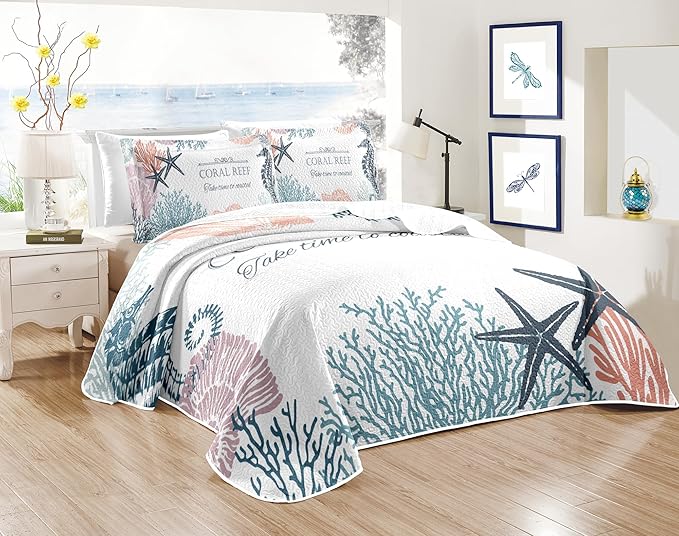 Coastal Bedding Queen Size with 2 Shams, Nautical Beach Comforter Sets Ocean Bedspreads Coastal Coverlet Summer Bedding, 90''x96''