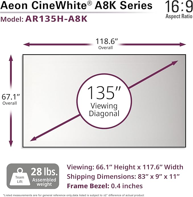 Elite Screens Aeon CineWhite A8K, 135" Diag, 16:9 Aspect Ratio, ISF Certified 8K Ultra HD Home Theater Fixed Frame Edge Free Projection Sound Transparent Perforated Weaved Screen, AR135H-A8K