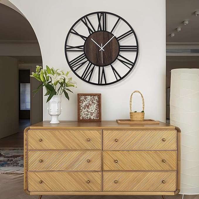 LEIKE Extra Large Wall Clocks,Silent Little Ticking,Battery Operated Vintage Round Modern Wood Wall Clock for Living Room, Bedroom,Farmhouse,Office Home Decor-32 Inch(Black-Roman Numerals)