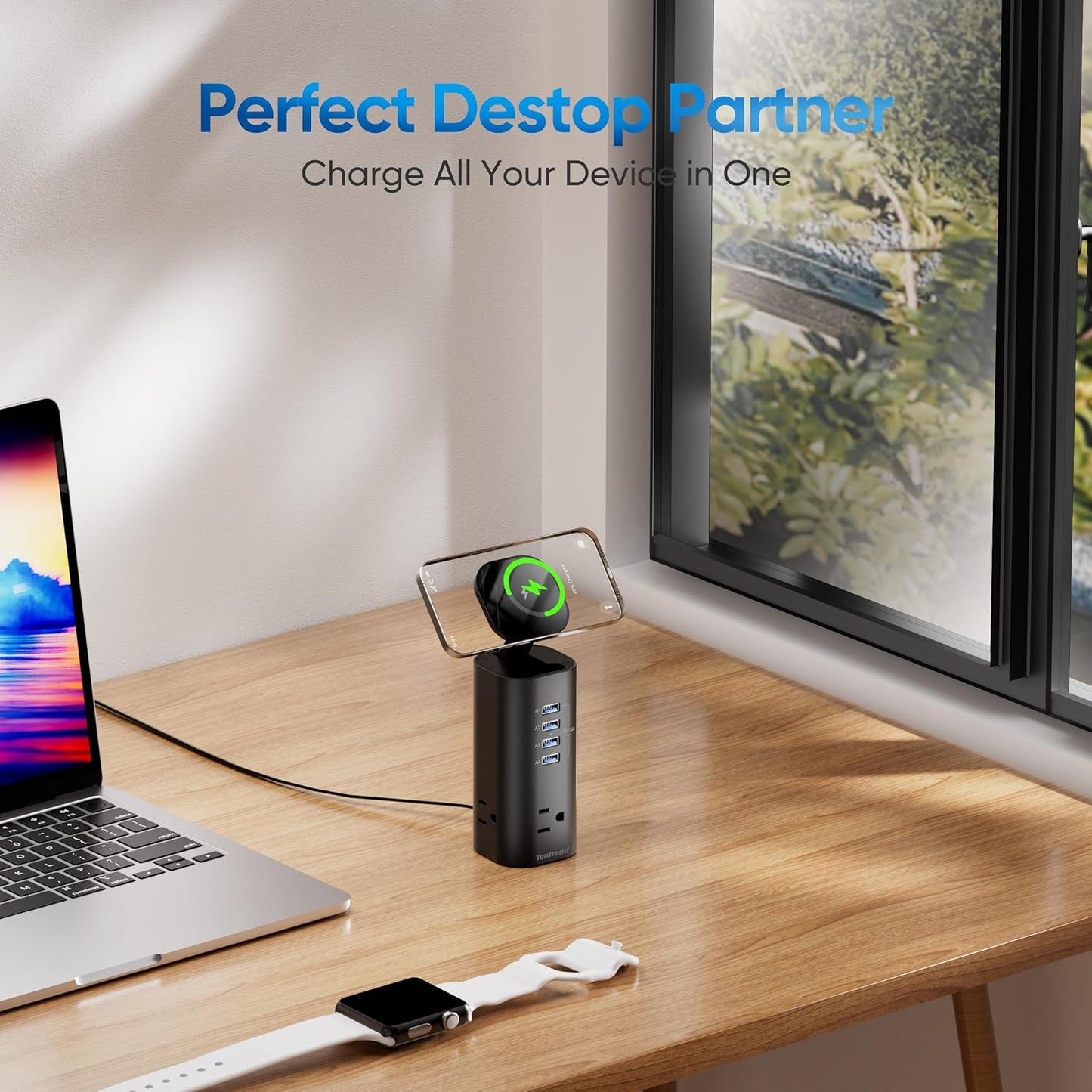 Flat Plug Surge Protector Tower, TenTrend Power Strip Tower with Surge Protection, 3 AC Outlets & 8 USB Ports, 5FT Extension Cord, 115W Total Fast Charging Station for Multiple Devices