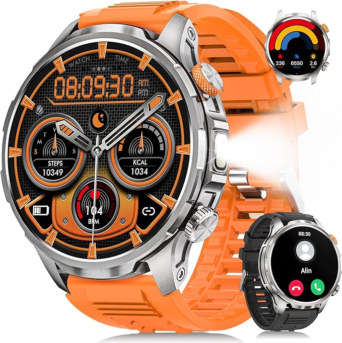 Smart Watches for Men, Military Smart Watch with 100 Days Battery/Flashlight/Heart Rate/Sleep/SpO2 Monitor/Calling/110+ Sports Mode, 5 ATM Rugged Men's Fitness Tracker Watch for Android iPhone(Silver)