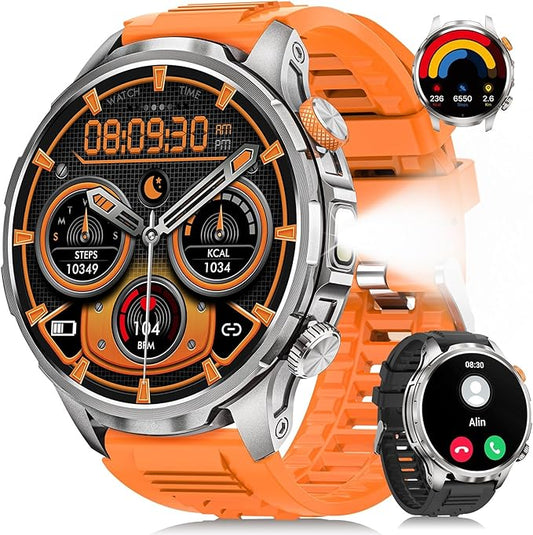 Smart Watches for Men, Military Smart Watch with 100 Days Battery/Flashlight/Heart Rate/Sleep/SpO2 Monitor/Calling/110+ Sports Mode, 5 ATM Rugged Men's Fitness Tracker Watch for Android iPhone(Silver)