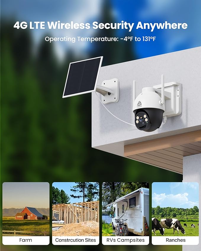 No WiFi Security Camera with 4G LTE SIM Card, Wireless Outdoor Cellular Security Camera, 2K Color Night Vision, Solar Powered, 360° Live View, PIR Motion Sensor, Pecfect for Farm & RV