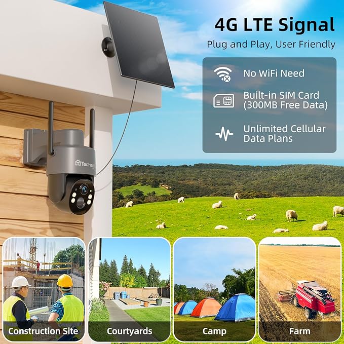Techage 4G LTE Cellular Solar Security Camera Wireless Outdoor, 2.5K NO WiFi Security Camera with Color Night Vision, 360° PTZ Live View, PIR Motion Detection, 2 Way Talk, 64GB Card Built-in SIM Card