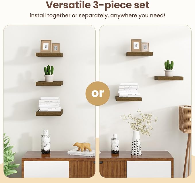 Fun Memories Floating Shelves for Wall - 7.5 Inch Square Shelves with Invisible Brackets, Brown Small Wall Shelf for Living Room, Bathroom, Bedroom, and Kitchen Decor，Set of 4