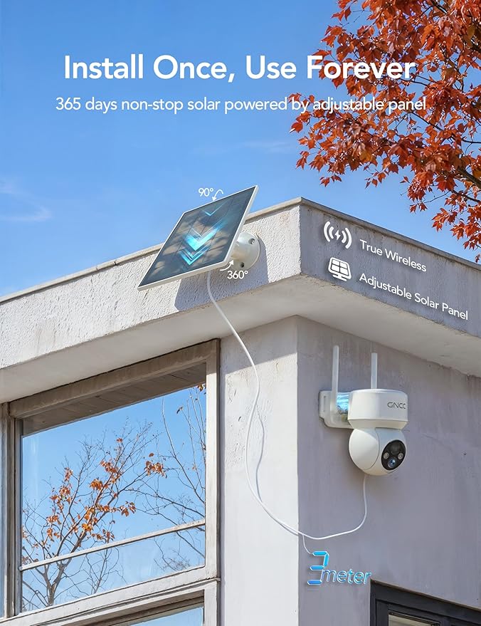 GNCC Solar Security Camera Wireless Outdoor 2.4G WiFi, 360° View, Solar/Battery Powered, AI Human Detection, Color Night Vision, 2-Way Audio, Spotlight Siren Alarm, IP65 Waterproof, SD/Cloud Storage