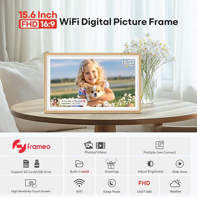 64GB Frameo 15.6" Digital Picture Frame Large 1920 x 1080 IPS FHD Touch Screen WiFi Electronic Photo Frames Share Moments Instantly Anywhere Best Gifts for Parents and Grandparents Golden White