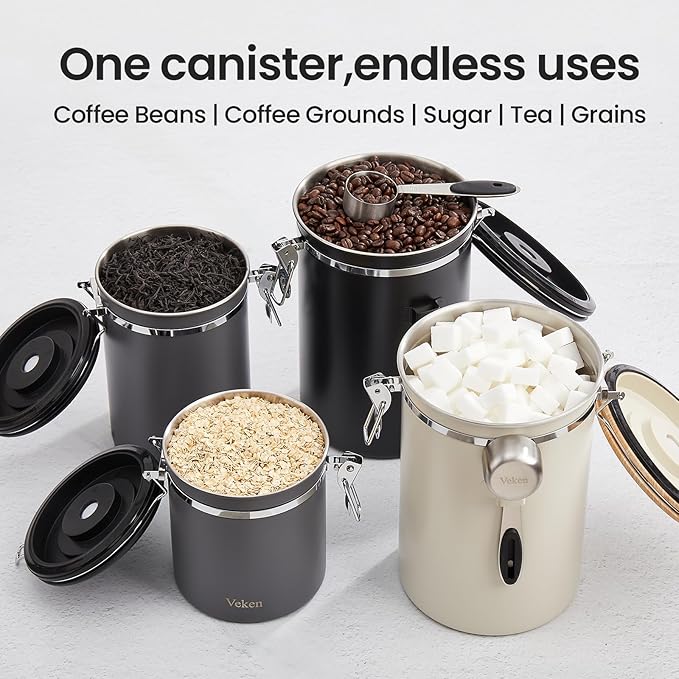 Veken Coffee Canister, 39OZ Large, Airtight Stainless Steel Food Storage Container for 2.2lbs Coffee Beans, Ground, Sugar, Tea, Flour, Rice, Cereal, Cookies Jars, Bar Accessories & Gifts, Black