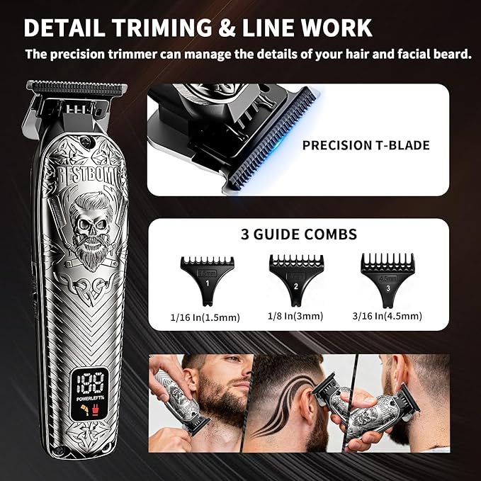 BESTBOMG Professional Cordless Mens Hair Clippers & Beard Trimmer Kits & Sets,Metal Hair Clippers Cutting Grooming Kit with Long Battery Life for Family Barber Use (Gray)