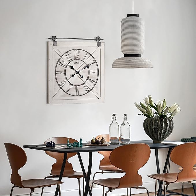 Oakrain Rustic Large Wall Clock, Classic Vintage Hanging Clock, Silent Non-Ticking Square Wall Clock for Living Room Bedroom Office, Numeral, Distressed White, 27''x29''