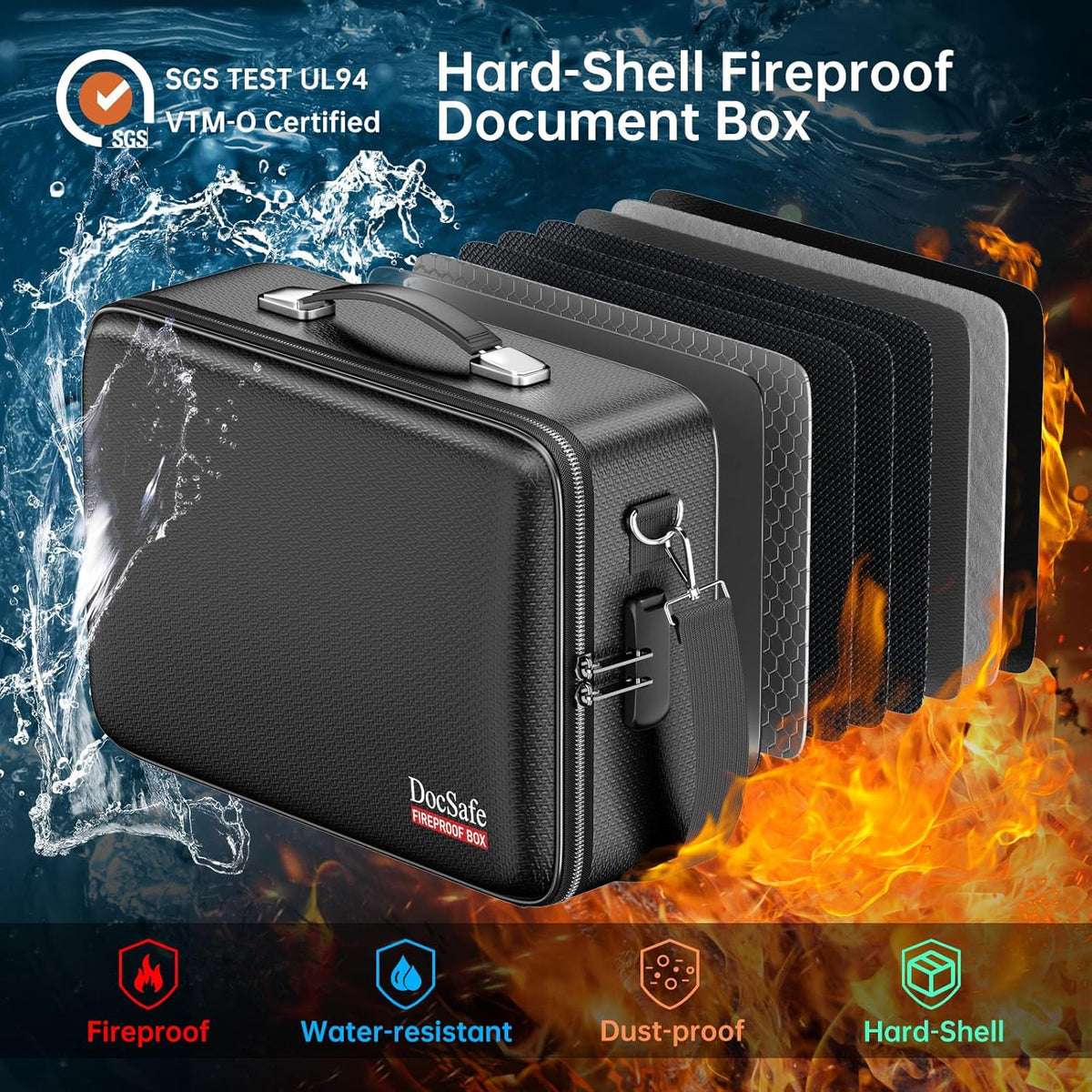 DocSafe Fireproof Document Box with Lock, Hard Case File Organizer with Accordion File Folder, Fireproof Water Resistant Safe Box Home Office Travel Storage for Important Documents Laptop Black