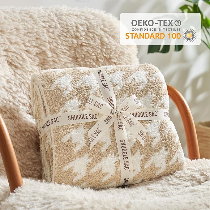 Snuggle Sac Throw Blanket for Couch, Reversible Super Soft Warm Blankets Cozy Knit Fuzzy Plush Lightweight Throws for Sofa, Bed, Camping,Houndstooth Beige,50x60 inches