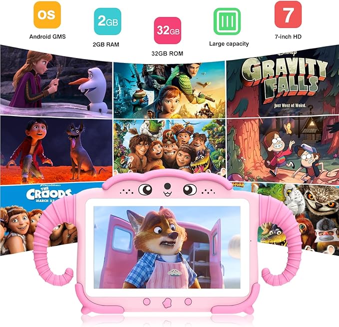 Kids Tablet 7IN Toddler Tablets for Kids 3-7, Tablet for Toddlers Learning 32GB with Touch Screen Educational Games, GMS, Parent Controls, WiFi Edition Tablets for Child Boy Girl (Pink)
