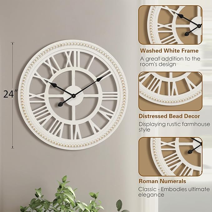 RiteSune 24 Inch Large Farmhouse Wall Clock, Rustic Wall Clock Decor, Wooden, Non-Ticking, Easy to Hang for Living Room, Bedroom, Kitchen