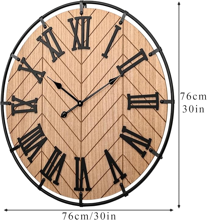 30 Inch Large Wooden Wall Clock – Extra Large FarmhouseWall Clock with 3D Roman Numerals & Herringbone Splicing, Brown Modern Wood Wall Clock for Living Room