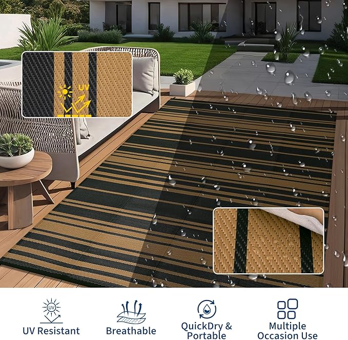 Outdoor Plastic Straw Rug 9x18 Waterproof Outside Rug, Large Modern Striped Reversible Floor Mats, Foldable & Lightweight Camping Carpet for Patio, Porch, Deck, Backyard, Balcony, Black Brown