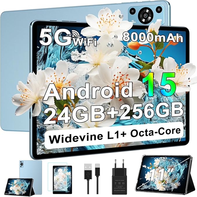 11 Inch Tablet, 2025 Android 15 Tablets with Octa Core, 24GB+256GB, 13+5MP Camera, Electronics Tablets with Widevine L1, 8000mAh Battery, 5G WiFi, GPS, HD IPS Display, 1TB Expand, BT 5.0 -Metal Blue