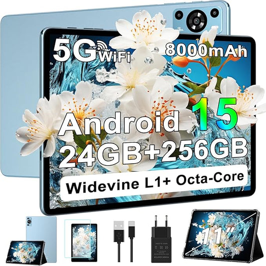 11 Inch Tablet, 2025 Android 15 Tablets with Octa Core, 24GB+256GB, 13+5MP Camera, Electronics Tablets with Widevine L1, 8000mAh Battery, 5G WiFi, GPS, HD IPS Display, 1TB Expand, BT 5.0 -Metal Blue