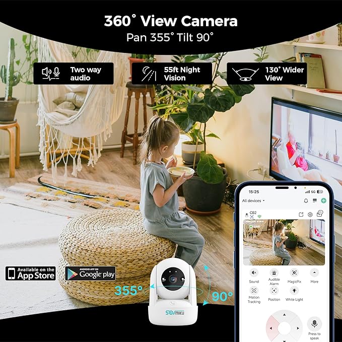 Sovmiku 2CB2 2k AI Tracking Security Camera for Home,Pet Camera Indoor, Baby Monitor,360° View Pan/Tilt Surveillance Camera, Two Way Audio,Night Vision,Easy to Setup,Audible Alarm,2.4GHz Wi-Fi,SD Slot