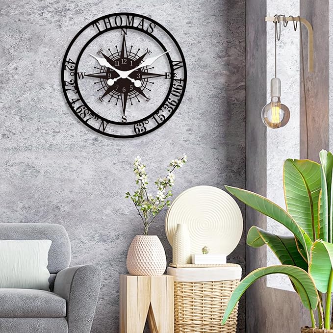 Personalized Metal Wall Clock Custom Compass Clock with Family Name and Coordinates Decorative Steel Wall Art for Living Room Bedroom Kitchen Housewarming Wedding Gift