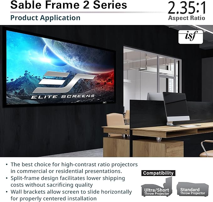 Elite Screens Sable Frame 2, 158-inch Diagonal 2.35:1, Active 3D 4K Ultra HD Ready Fixed Frame Home Theater Movie Office Presentations Indoor Front Projection Projector Screen, ER158WH2-WIDE, Black
