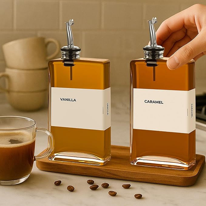 Olive Oil Dispenser Bottle - Includes 44 Kitchen Essential Labels - Cooking Oil Bottles for Kitchen, Coffee Syrup Dispenser - Pourer Spout with 11.8 fl oz Glass Container Cruet - 2pcs Silver