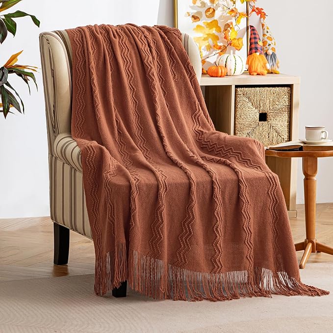 MIULEE Knitted Boho Throw Blanket for Couch Textured Knit Terracotta Rust Blanket with Tassels Cozy Woven Farmhouse Blanket for Sofa Bed Chair Wave Pattern Fall Decor 50"x60", Orange