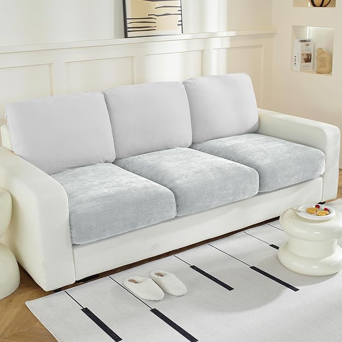 Couch Cushion Covers Individual Large Super Stretch Chenille (Softer Version) Sofa Cushion Covers, Couch Seat Covers Couch Slipcovers Furniture Protector (3 Piece, Light Grey)