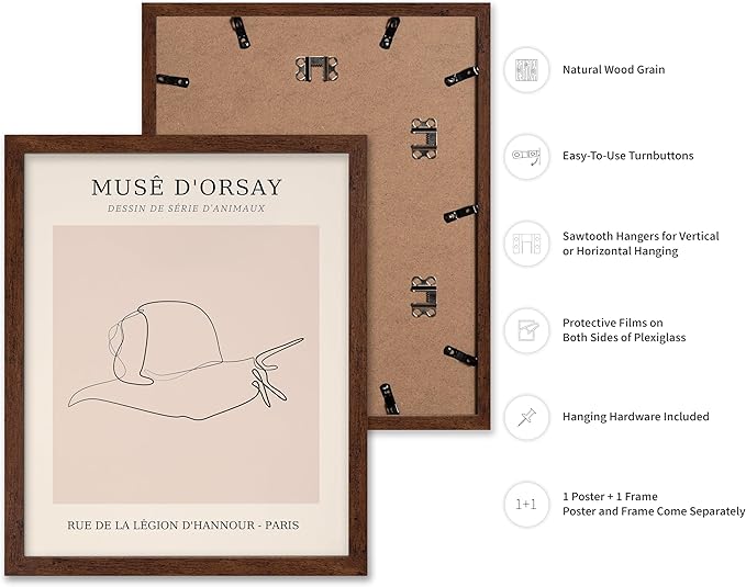 Poster Master Vintage Poster - Retro One Line Snail Drawing Print - Snail Line Art - Minimal Gift for Men, Women, Animal Lover - Abstract Wall Decor for Home, Office, 8x10 Brown Framed