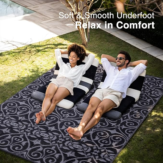 OLANLY Outdoor Rug Waterproof 6x9 ft Clearance, Reversible Outdoor Plastic Straw Rug with Floral Pattern, RV Mat for Patio, Camping, Balcony, Deck, Backyard, Black & Grey