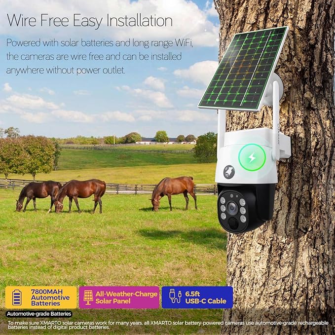 xmartO 10CH 4-CAM 4MP QHD Solar Battery PTZ Security Camera System, Solar Outdoor/Indoor WiFi Camera, 5G 10CH 4K H.265 Long Range WiFi 6 Surveillance DVR NVR Kit (Pole/Tree/Wall/Ceiling Installation)