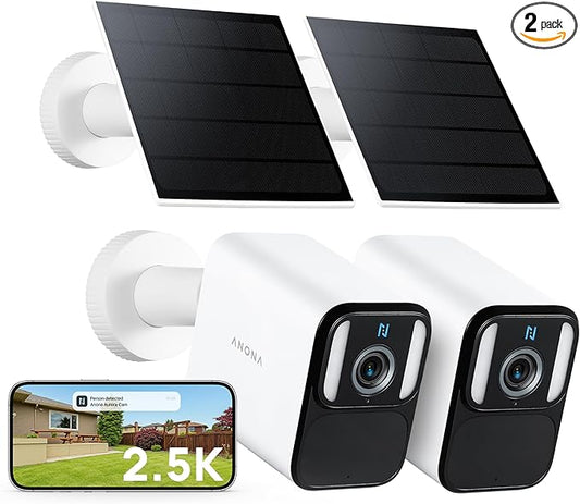 Anona Lucio 2.5K Security Camera Outdoor Battery Wireless with Solar Powered, Color Night Vision & 138° FOV, Multi-Object Detection, No Hub Needed, Two-Way Audio, IP67, 2 Pack