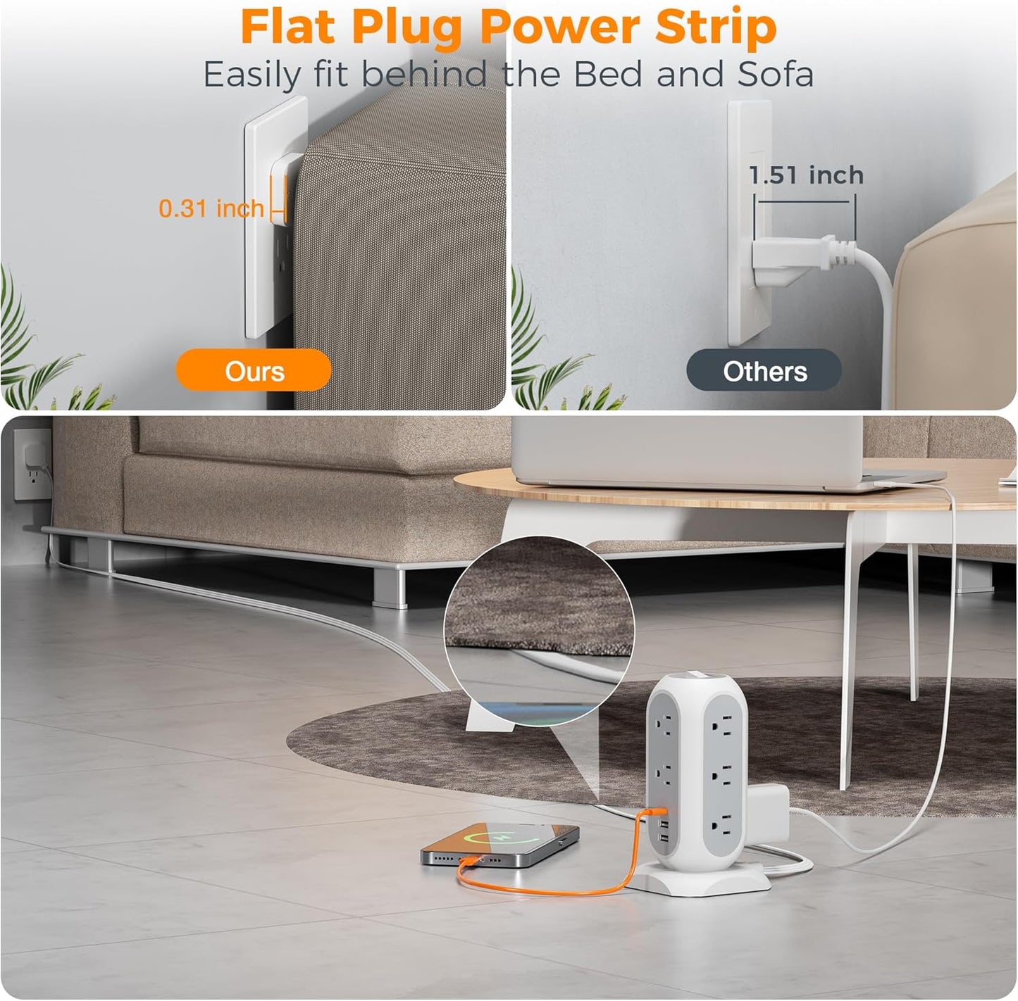 15 ft Extension Cord Tower Power Strip, 11 Outlets 3 USB(1 USB-C) Chargers, TESSAN Surge Protector with Multi Plug Outlet, 1050J Protection, Office Supplies, Desk Accessories, School Dorm Essential
