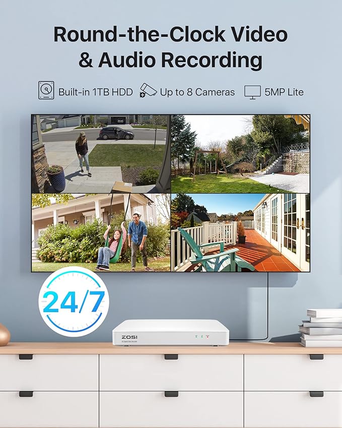 ZOSI C303 Spotlight Home Security Cameras System with Audio,8CH 5MP Lite DVR,4pcs 1080p Outdoor Cameras,Night Vision,Person Vehicle Detection,Light&Siren Alarm,1TB HDD for 24/7 Recording