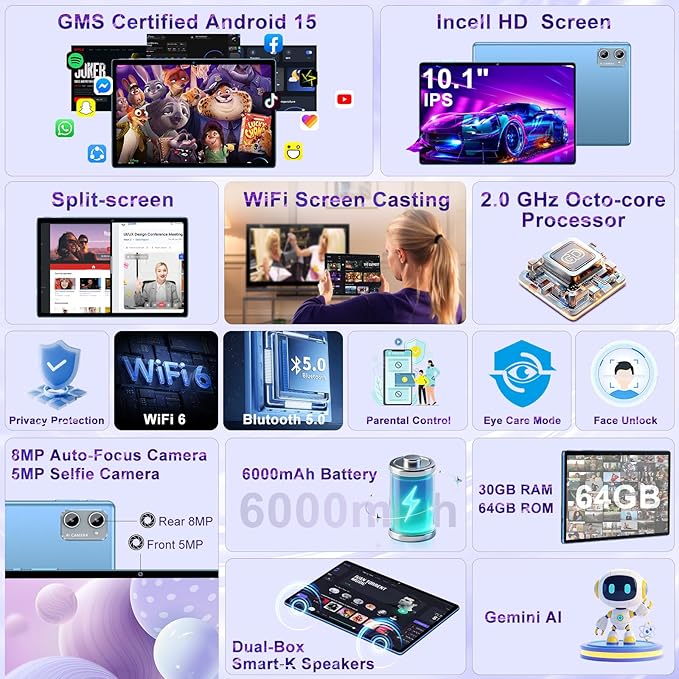 10 Inch Tablet Android 15 Tablets with Keyboard, 30GB 64GB 1TB Expand Tab PC with 2.0GHz Octa-Core, 8MP Camera, 6000mAh, GMS, WiFi 6, BT 5.0, FHD Display, Widevine L1, Gemini AI (Blue)