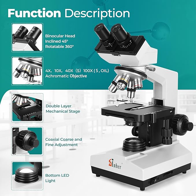 Sinher XSZ-107BN Professional Compound Binocular microscopes 40X-1600X Magnification with Microscope kit for Student Adults Suitable for Laboratory School Home Education.