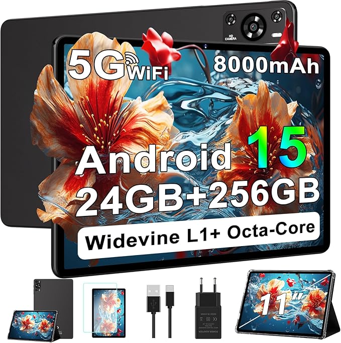 11 Inch Tablet, 2025 Android 15 Tablets with Octa Core, 24GB+256GB, 13+5MP Camera, Electronics Tablets with Widevine L1, 8000mAh Battery, 5G WiFi, GPS, HD IPS Display, 1TB Expand, BT 5.0 -Metal Black