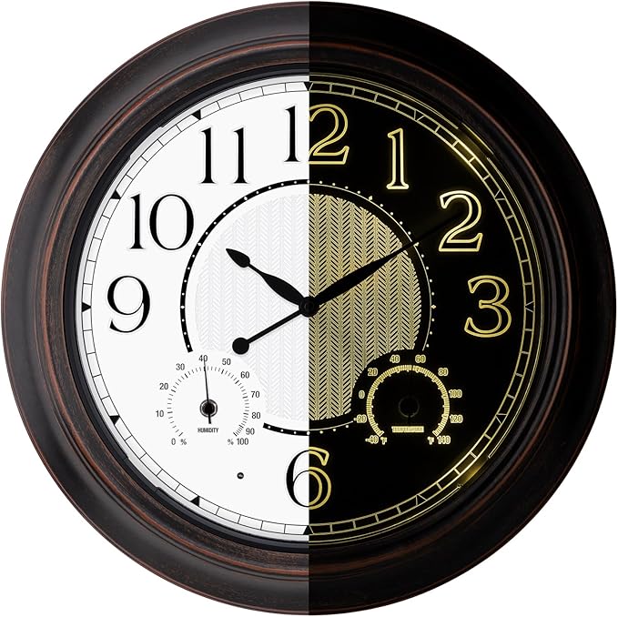 Outdoor Clocks Waterproof 18 Inch, Large Wall Clock with Thermometer & Hygrometer, Illuminated Battery Operated Clock with Smart Sensor for Patio, Pool, Garden, Porch, Living Room