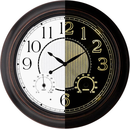Outdoor Clocks Waterproof 18 Inch, Large Wall Clock with Thermometer & Hygrometer, Illuminated Battery Operated Clock with Smart Sensor for Patio, Pool, Garden, Porch, Living Room