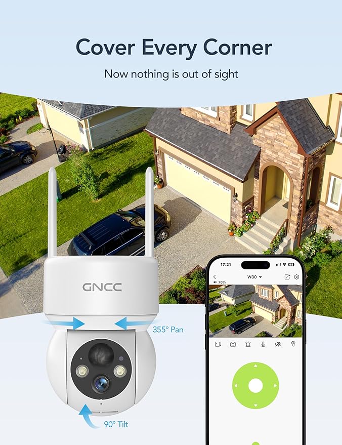 GNCC Solar Security Camera Wireless Outdoor 2.4G WiFi, 360° View, Solar/Battery Powered, AI Human Detection, Color Night Vision, 2-Way Audio, Spotlight Siren Alarm, IP65 Waterproof, SD/Cloud Storage