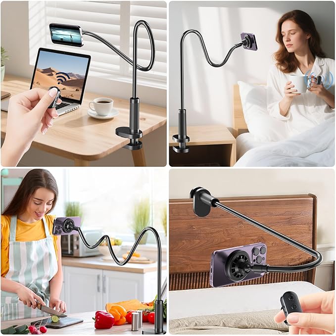 Magnetic Phone Holder for Bed Laying Down with Remote Page Turner, Bedside Gooseneck Phone Stand with Clicker for Reading, Flexible Mount with Wireless Scrolling Ring for iPhone/Tiktok/Short Video