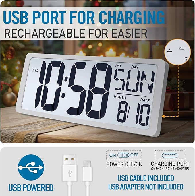 TXL Rechargeable Atomic Clock with Backlight, 14.2" Large Display Digital Wall Clock Battery Operated with Day, Date & Temperature, Large Wall Clock for Bedroom, Livingroom, Office（White）