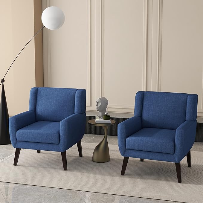 UIXE Accent Chairs Set of 2, Fabric Upholstered Armchair for Living Room, Comfy Arm Chair Single Sofa Bedroom Side Reading Seat - Flax Blue