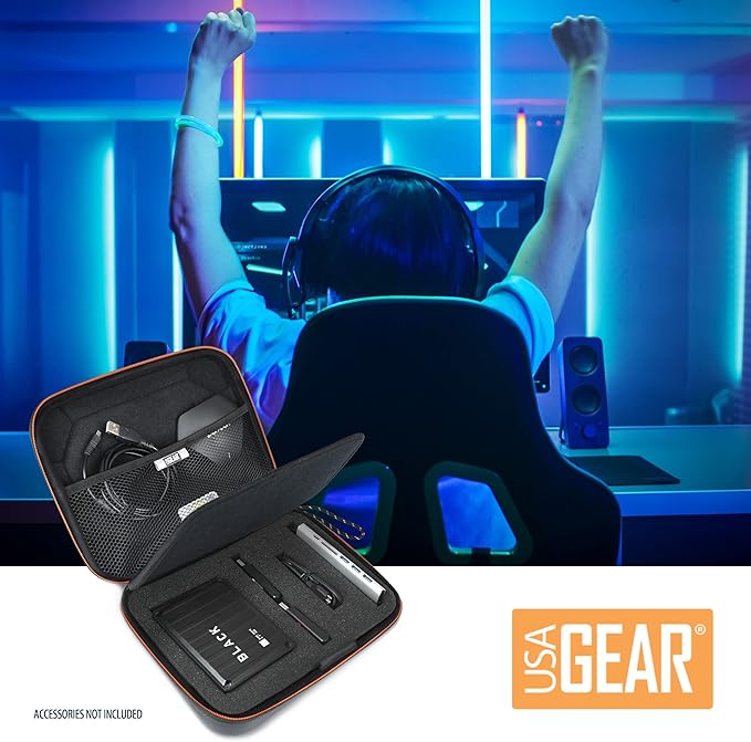 USA Gear External Hard Drive Case – EVA Hard Shell with HX Foam – Portable Gaming HDD/SSD Travel Bag for WD_BLACK P10, Seagate Game Drive, WD Elements, Samsung T7