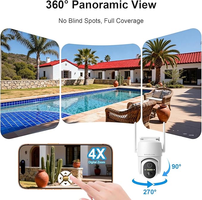 HOSAFE.COM Cameras for Home Security Outdoor, WiFi Outdoor Camera Wireless, Solar Security Cameras Wireless Outdoor, 360 PTZ, PIR Sensor, 2K HD Color Night Vision, 2-Way Talk, IP66 Waterproof