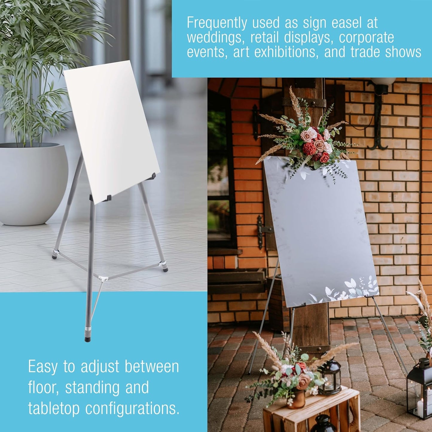 U.S. Art Supply 66" High Gallery Silver Metal Display Easel (10 Pack) - Large Adjustable Height Portable Easel Stand, Sign Display, Holds 25 lbs - Floor & Tabletop Easels, Painting Stand
