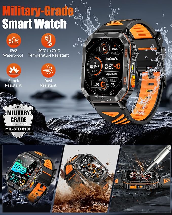 Military Smart Watch for Men, 2.01'' Fitness Tracker with 1200mAh Long Battery Life, Bluetooth Calls, Flashlight, IP68 Waterproof, Heart Rate/Sleep Tracking, 100+ Sports Modes for Android iPhone
