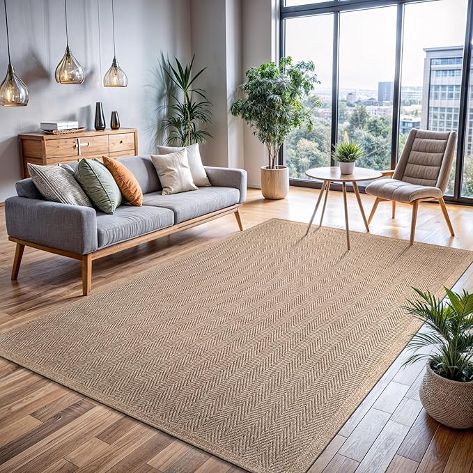 CAMILSON Easy Jute Rug 8x10, Indoor Outdoor Natural Color Fiber Area Rugs for Living Room and Patio Rug Herringbone Seagrass Boho Woven Design Easy-Cleaning Washable Outside Carpet Alfombras 8 x 10